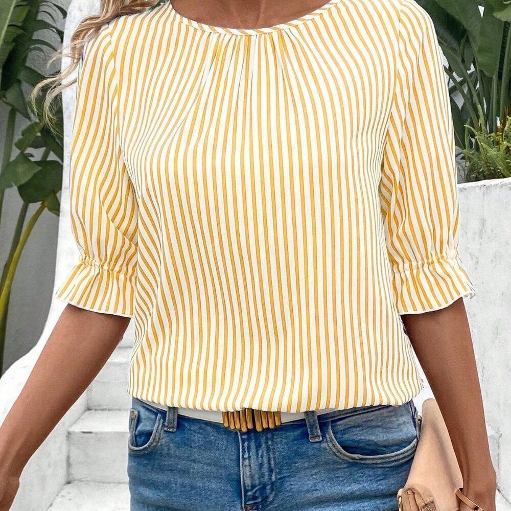 Yellow Casual Women's Striped Button Back Detail Shirt
